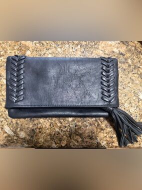 Black Leather Fringe Clutch with Braided Trim
